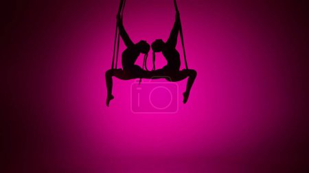 Photo for Modern choreography and acrobatics creative advertisement concept. Silhouette of two female acrobats isolated on pink neon background. Girls aerial dancers performing flying element on ropes. - Royalty Free Image
