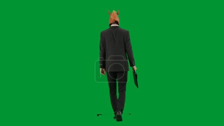Foto de Hombre de traje de negocios con máscara de cabeza de caballo sobre fondo de estudio verde. Hombre de negocios caminando con una maleta negra en sus manos. Concepto de trabajo duro de oficina Vista trasera - Imagen libre de derechos