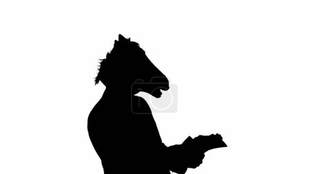 Photo for Black silhouette of man in business suit with horse head mask on white isolated studio background. A businessman is looking through documants. Concept of hard office work - Royalty Free Image