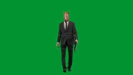 Téléchargez les photos : Homme en costume d'affaires avec masque de tête de cheval sur fond de studio vert. Homme d'affaires marchant avec une valise noire à la main. Concept de travail de bureau dur - en image libre de droit