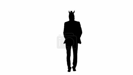 Photo for Black silhouette of man in business suit with horse head mask on white isolated studio background. Businessman walking and keeping his hands in pants pockets. Concept of hard office work - Royalty Free Image