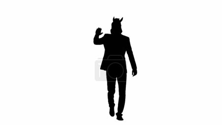 Photo for Black silhouette of man in business suit with horse head mask on white isolated studio background. Businessman walking and waving hello. Concept of hard office work - Royalty Free Image