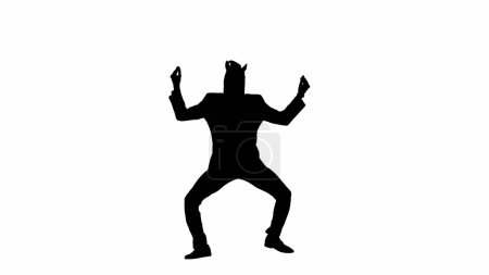 Photo for Black silhouette of man in business suit with horse head mask on white isolated studio background. Businessman dancing merrily. Concept of hard office work - Royalty Free Image