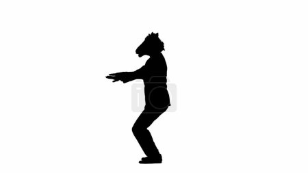 Photo for Black silhouette of man in business suit with horse head mask on white isolated studio background. Businessman dancing merrily. Concept of hard office work - Royalty Free Image