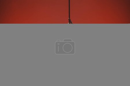 Photo for A young blonde woman in a black tight jumpsuit shows off her stretching while posing in a twine on a red background in a studio. A dancer in long heels performs on a pylon pole - Royalty Free Image