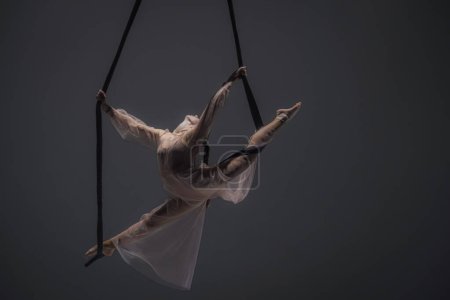 Téléchargez les photos : Gymnaste aérien fille démontre étirement en ficelle sur trapèze acrobatique. Athlète acrobatique exécute pendaison d'une hauteur dans un studio sombre - en image libre de droit