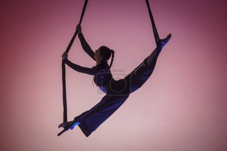 Téléchargez les photos : Une fille acrobatique montre s'étirer en ficelle sur un trapèze acrobatique. Athlète acrobatique effectuant des cascades acrobatiques en hauteur en studio avec lumière rose - en image libre de droit