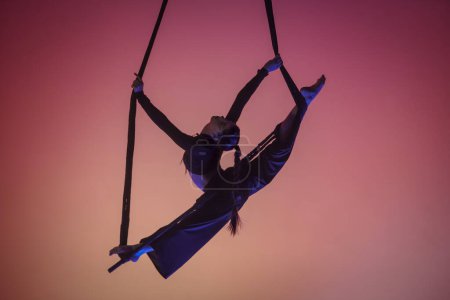 Foto de Una chica acrobática demuestra estiramiento en cuerda en un trapecio acrobático. Atleta acrobático realizando acrobacias en altura en estudio con luz rosa - Imagen libre de derechos