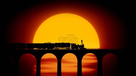 Photo for Transportation and industrial logistics creative advertisement concept. Shot of freight train on the bridge over the river or lake against sun. Locomotive with barrels and wagons crossing the bridge. - Royalty Free Image