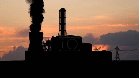 Photo for Modern engineering and environmental pollution advertisement concept. Factory site with smoke from pipe going up against sunset sky. Power plant building with black smoke and voltage lines. - Royalty Free Image