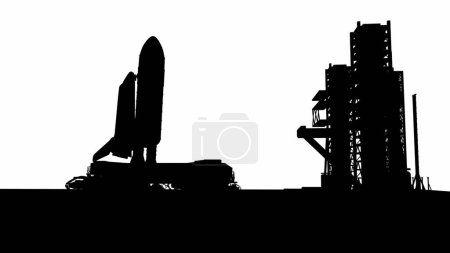 Photo for Silhouettes of rocket on a starter mechanism on a white background. Space shuttle on a trail trek on setting glowing - Royalty Free Image