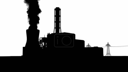 Foto de Siluetas del sitio de la fábrica con humo de la tubería que sube sobre un fondo blanco. - Imagen libre de derechos