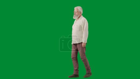 Téléchargez les photos : Pensionné vie quotidienne concept publicitaire créatif. Portrait d'un homme barbu âgé sur fond vert chromé. Prise de vue complète senior homme marchant et regardant la caméra, vue de côté. - en image libre de droit