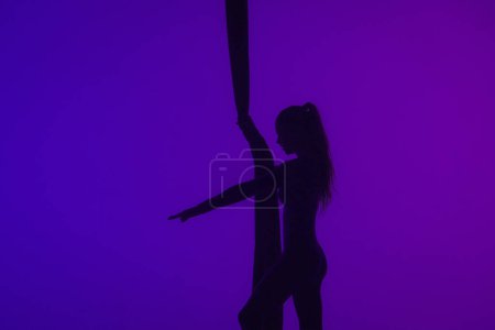 Photo for Modern choreography and acrobatics creative advertisement concept. Silhouette of female acrobat isolated on colorful neon background. Girl aerial dancer performing acrobatic element on air silk. - Royalty Free Image