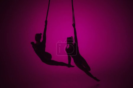 Téléchargez les photos : Chorégraphie moderne et acrobaties concept publicitaire créatif. Silhouette de deux acrobates femelles isolées sur fond néon rose. Filles danseuses aériennes effectuant élément volant sur les cordes. - en image libre de droit