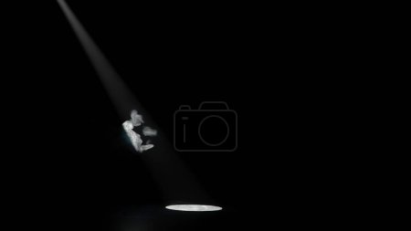 Photo for Professional stage equipment and lightning creative advertisement concept. Studio shot of projector haze isolated on black background. White bright ray shining from spotlight with smoke. - Royalty Free Image