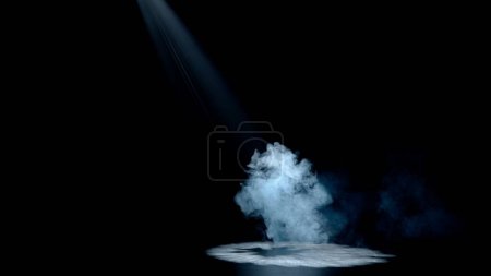 Photo for Professional stage equipment and lightning creative advertisement concept. Studio shot of projector haze isolated on black background. White bright ray shining from spotlight with smoke moving up. - Royalty Free Image