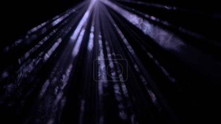 Photo for Professional stage equipment and lightning creative advertisement concept. Studio shot of projector haze isolated on black background. Beautiful purple colored light rays shining from top with smoke. - Royalty Free Image