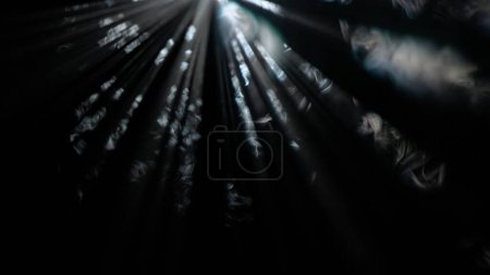 Foto de Equipo de escenario profesional y concepto de publicidad creativa relámpago. Estudio plano de neblina del proyector aislado sobre fondo negro. Hermosos rayos de luz de color azul que brillan desde arriba con humo. - Imagen libre de derechos