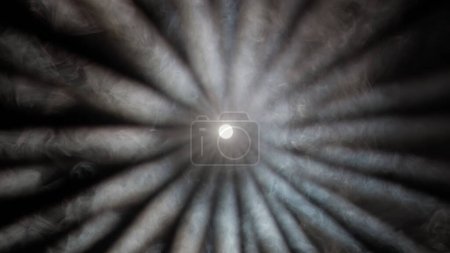 Photo for Professional stage equipment and lightning creative advertisement concept. Studio shot of projector haze isolated on black background. Close up of white light rays shining in center with smoke motion. - Royalty Free Image