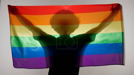 Téléchargez les photos : Concept de publicité amour et diversité. Silhouette de la personne tenant le drapeau arc-en-ciel sur fond blanc. Silhouette de l'homme avec le drapeau de fierté LGBT tenant dans les mains. - en image libre de droit