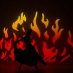 Modern choreography an dance. Woman silhouette dancing on fire background. Female in flamenco style dress performs elegant spanish dance moves with her hands and body in the studio.