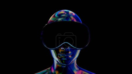 Téléchargez les photos : Les femmes de chrome noir tête dans des lunettes de réalité virtuelle et écouteurs dans la lumière au néon. Jeu ou dispositif de divertissement. Concept art technologique futuriste. Mode lumineuse animation 3d - en image libre de droit