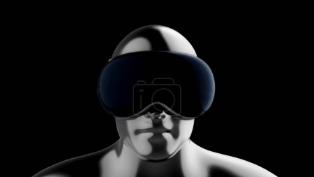 Téléchargez les photos : Les hommes de chrome noir tête dans des lunettes de réalité virtuelle et écouteurs dans la lumière au néon. Jeu ou dispositif de divertissement. Concept art technologique futuriste. Mode lumineuse animation 3d - en image libre de droit