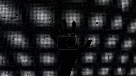Halloween horror movie creative concept. Silhouette against digital television screen. Thriller scene woman silhouette hands crawling up on big digital screen with noise.