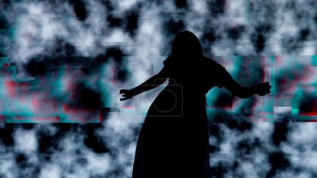Photo for Halloween horror movie creative concept. Silhouette against digital television screen. Thriller scene spooky woman in dress posing like zombie in front of big digital screen with white noise. - Royalty Free Image