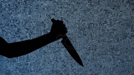 Photo for Halloween horror movie creative concept. Silhouette against digital television screen. Thriller scene woman hand holding knife and stabbing it against digital screen with noise. - Royalty Free Image
