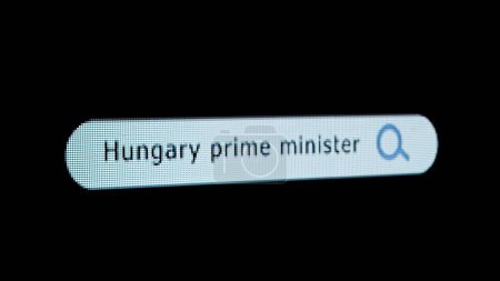 Téléchargez les photos : Technologie Internet information en ligne. Vue de l'écran du moniteur. Écran pixel avec barre de recherche animée, mots-clés Hongrie Premier ministre entré, barre de navigateur avec loupe et titre du texte. - en image libre de droit