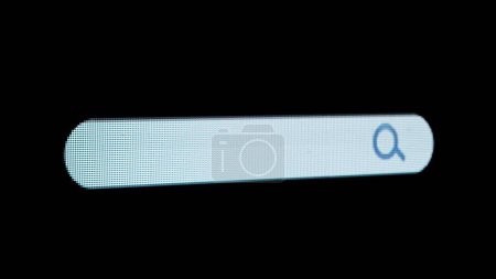 This image captures a close-up of a magnifying glass icon within a search bar, depicted through a grid of illuminated blue and white pixels on an LED panel, set against a deep black background
