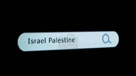 Photo for Internet technology online information. Shot of monitor screen. Pixel screen with animated search bar, keywords Israel Palestine typed in, browser bar with magnifying glass and text headline. - Royalty Free Image