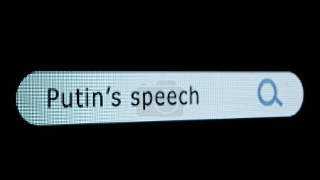 Photo for Internet technology online information. Shot of monitor screen. Pixel screen with animated search bar, keywords Putins speech typed in, browser bar with magnifying glass and text headline. - Royalty Free Image