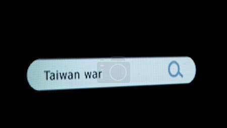 Internet technology online information. Shot of monitor screen. Pixel screen with animated search bar, keywords Taiwan war typed in, browser bar with magnifying glass text headline.