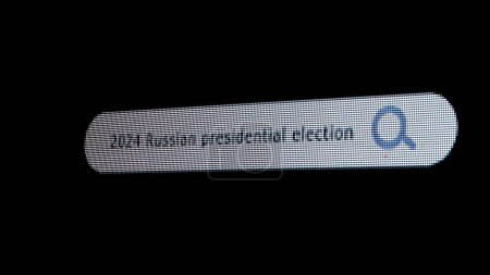 Photo for Internet technology online information. Shot of monitor screen. Pixel screen with animated search bar, keywords 2024 russian presidential election, browser bar with magnifying glass headline. - Royalty Free Image
