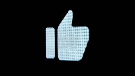 Photo for Internet information symbols advertisement concept. Sign template isolated on black background. Animated social media symbol hand showing thumb up, like icon reaction on pixel screen. - Royalty Free Image