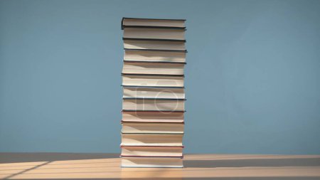 Téléchargez les photos : Une collection d'une imposante pile de vieux livres sur une table en bois sur un fond bleu apaisant. Un hommage à l'attrait intemporel de la lecture et du savoir. Fiction. - en image libre de droit