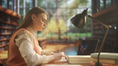 Photo for Education and online learning advertisement concept. Female in university campus space. Young woman college student sitting in public library, studying for exams, using laptop writing notes, side shot - Royalty Free Image