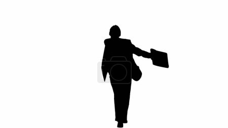 Photo for Modern businesswoman creative advertisement concept. Business woman in formal outfit walking and dancing. Front view. Black silhouette on a white isolated background. - Royalty Free Image