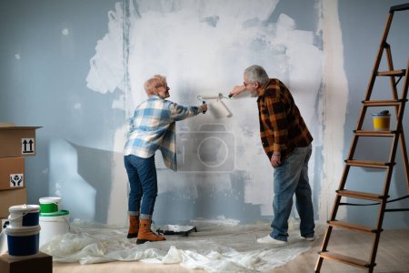 Téléchargez les photos : Couple de personnes âgées activement engagés dans la peinture de leur maison, donnant vie à de vieux murs. Un homme et une femme peignent un mur avec des rouleaux de peinture et sourient joyeusement. Vue arrière. - en image libre de droit