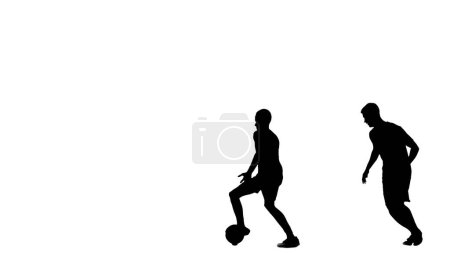 Téléchargez les photos : Concept de publicité sportive Silhouette de joueur de football isolée sur fond blanc avec canal alpha. Joueurs de football professionnels masculins jouant avec le ballon, tapant et courant, tordant en place. - en image libre de droit