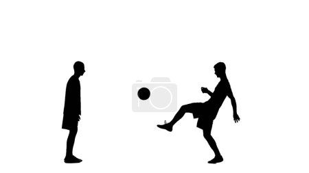 Téléchargez les photos : Concept de publicité sportive Silhouette de joueur de football isolée sur fond blanc avec canal alpha. Joueurs de football professionnels masculins jouant avec le ballon, frappant avec les pieds changeant de position. - en image libre de droit