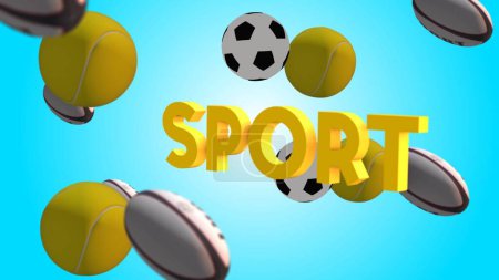 Téléchargez les photos : Cette image énergique capture l'essence du sport avec diverses boules en vol et le mot audacieux SPORT en 3D en jaune vif, le tout dans un ciel bleu clair. Expéditeur 3D - en image libre de droit