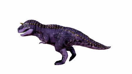 3D rendering presents a Tyrannosaurid dinosaur in a dynamic pose, colored in vivid purple with distinctive yellow spots. The detailed texture are highlighted against an isolated background.