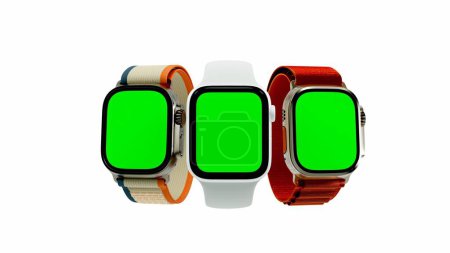 Foto de Conjunto de Apple Watch modelo 3D con pantalla verde aislada sobre fondo blanco. La pantalla verde permite una fácil personalización y cromado. Ucrania, Dnipro: enero 2023. - Imagen libre de derechos