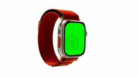 Foto de Modelo 3D del Apple Watch con una pantalla verde aislada sobre fondo blanco. La pantalla verde permite una fácil personalización y cromado. Ucrania, Dnipro: enero 2023. - Imagen libre de derechos
