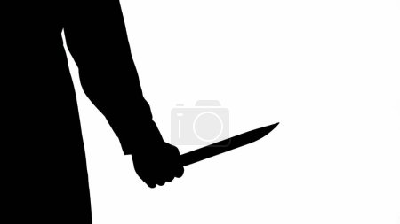Foto de Silueta negra de un maníaco masculino con un gran cuchillo afilado en la mano. Hombre irreconocible sobre fondo blanco aislado - Imagen libre de derechos