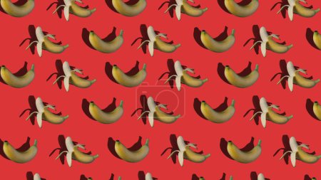 A lively template featuring half peeled and whole peeled bananas on a bright red background. This playful and colorful design is perfect for food, tropical or summer-themed projects.